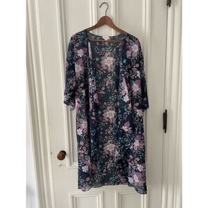 Lularoe navy white purple turquoise floral kimono beach cover up M